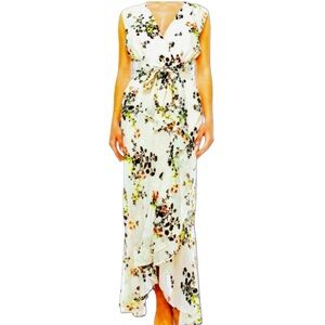 Maison Tara White Cream Floral Metallic Sleeveless Ruffled Wrap Maxi Dress Sz 14